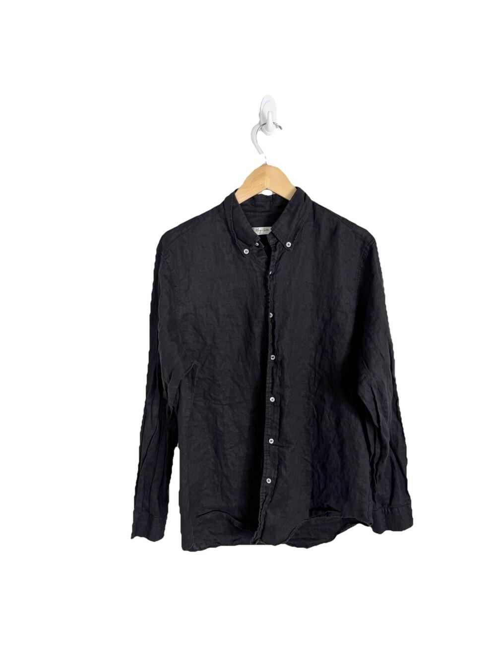 Magic Linen Mens Shirt Long Sleeve Buttons Hand Made 100% Linen Black Size XXL